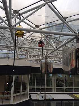 Atrium snagging with rope access and aide climbing
